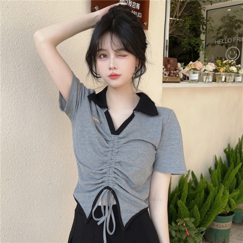 Super popular irregular drawstring short-sleeved T-shirt for women, plus size summer slimming and flesh-covering Polo collar, right shoulder short top, trendy