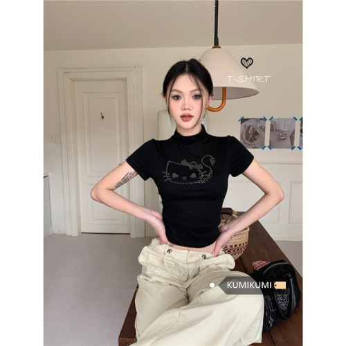 Fashion super hot girl black hot diamond half turtleneck short-sleeved T-shirt women's summer navel-baring tight short top ins trend