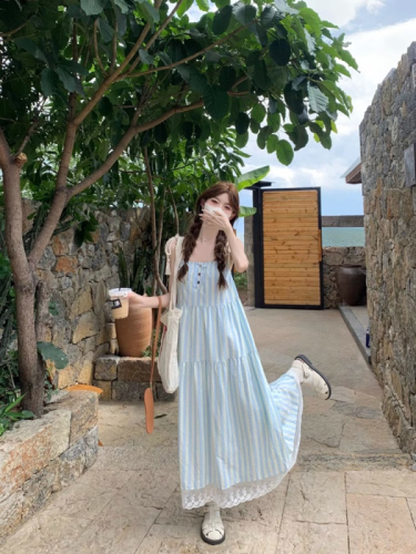 Korean style blue striped strap suspender dress women's summer seaside vacation long dress sleeveless loose a-line skirt