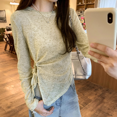 Official photo Slightly see-through sunscreen long-sleeved knitted blouse with irregular hem and exposed waist pleated air-conditioning shirt for women