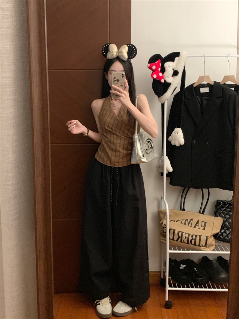 Vintage Checked Off-the-Shoulder Backless Tank Top with Bandage Balloon Pants