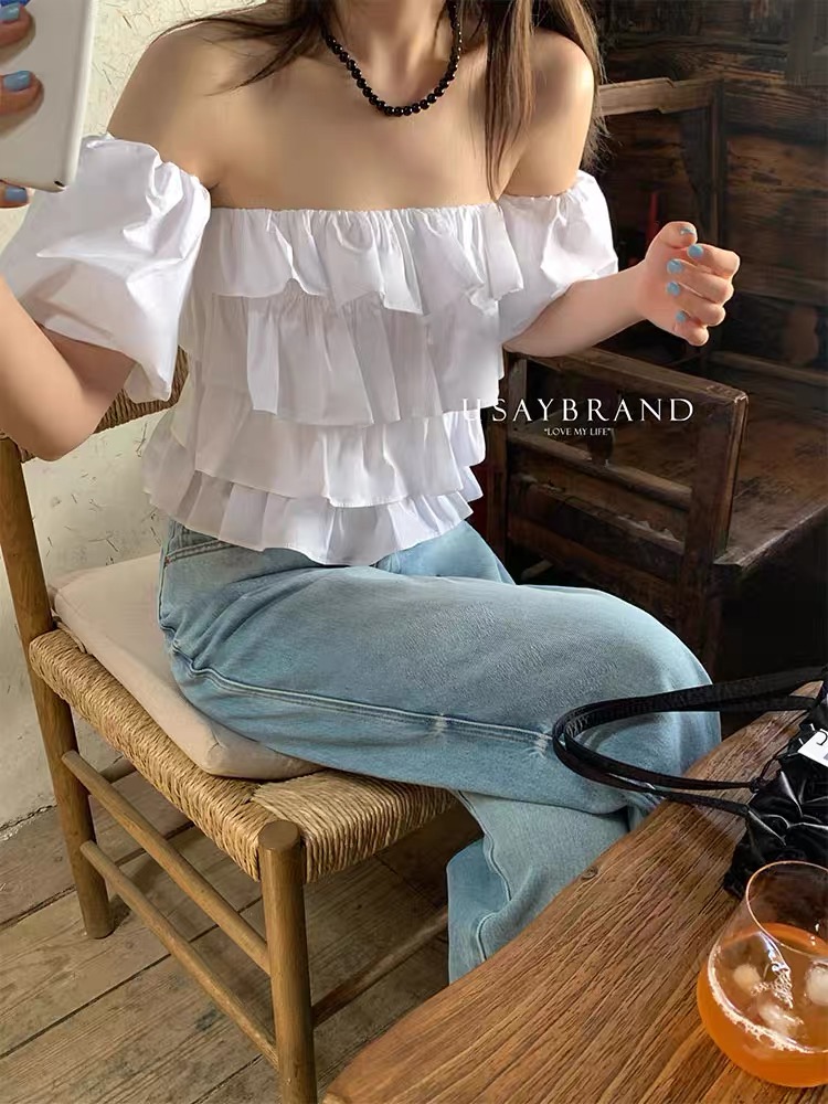 2024 new summer style fashionable design one-line collar detachable sleeves tube top cake short exquisite top for women