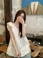 Summer New Design Style Minority Sleeveless Blouse Women Loose Strap Small Fly Sleeve White Shirt French Top