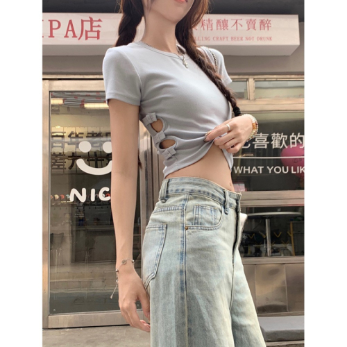 Fashionable and super hot Korean hot girl hollow waist exposed short-sleeved T-shirt women's bow-knot slim fit right shoulder short top