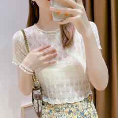 With suspender skirt and top, ice silk sunscreen short-sleeved blouse, summer new white short mesh bottoming shirt for women