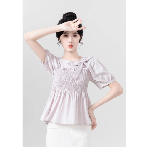 Original workmanship purple short-sleeved shirt for women summer 2024 bow tie waist babydoll shirt chic top