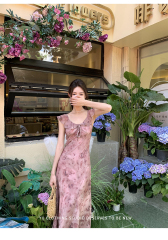 Yufei Long Butterfly Print Ruffle Slim Dress Women's 2024 Summer New Style Waist Dress Trendy