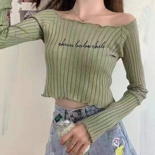 2024 new autumn style temperament square neck letter embroidered navel-baring knitted long-sleeved top for women