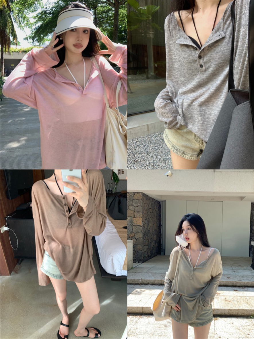 Photographed Summer Thin Model Sun Protection V-Neck Long Sleeve Loose Slim Cover Shirt Top