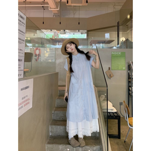 Blue striped short-sleeved shirt dress for women summer 2024 new Korean style loose mid-length layered two-piece set