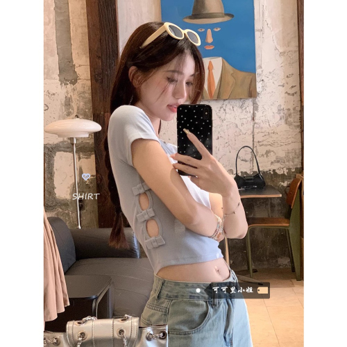 Fashionable and super hot Korean hot girl hollow waist exposed short-sleeved T-shirt women's bow-knot slim fit right shoulder short top