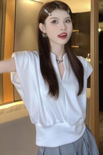 Korean retro Hong Kong style stand collar shirt for women summer high-end versatile V-neck waist vest small shirt top real shot