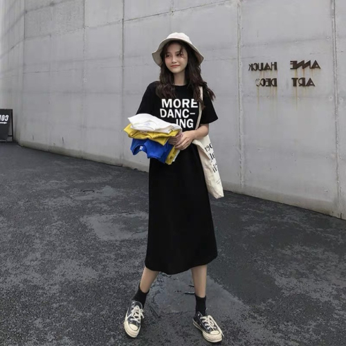 Korean letter printed T-shirt dress for women new loose slit mid-length skirt