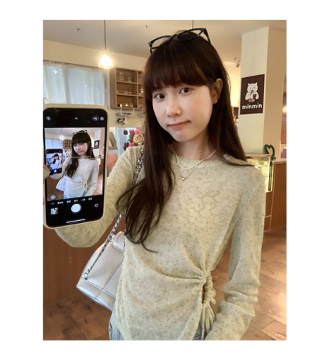 Official photo Slightly see-through sunscreen long-sleeved knitted blouse with irregular hem and exposed waist pleated air-conditioning shirt for women