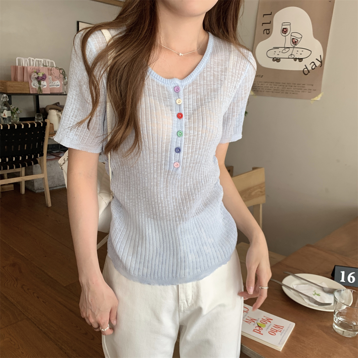 實拍 夏季韓版圓領彩虹扣設計感褶皺竹節麻氣質針織短袖上衣