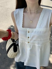 Korean temperament square collar spliced ​​lace vest for women summer fashion resort style casual sleeveless top pleated blouse