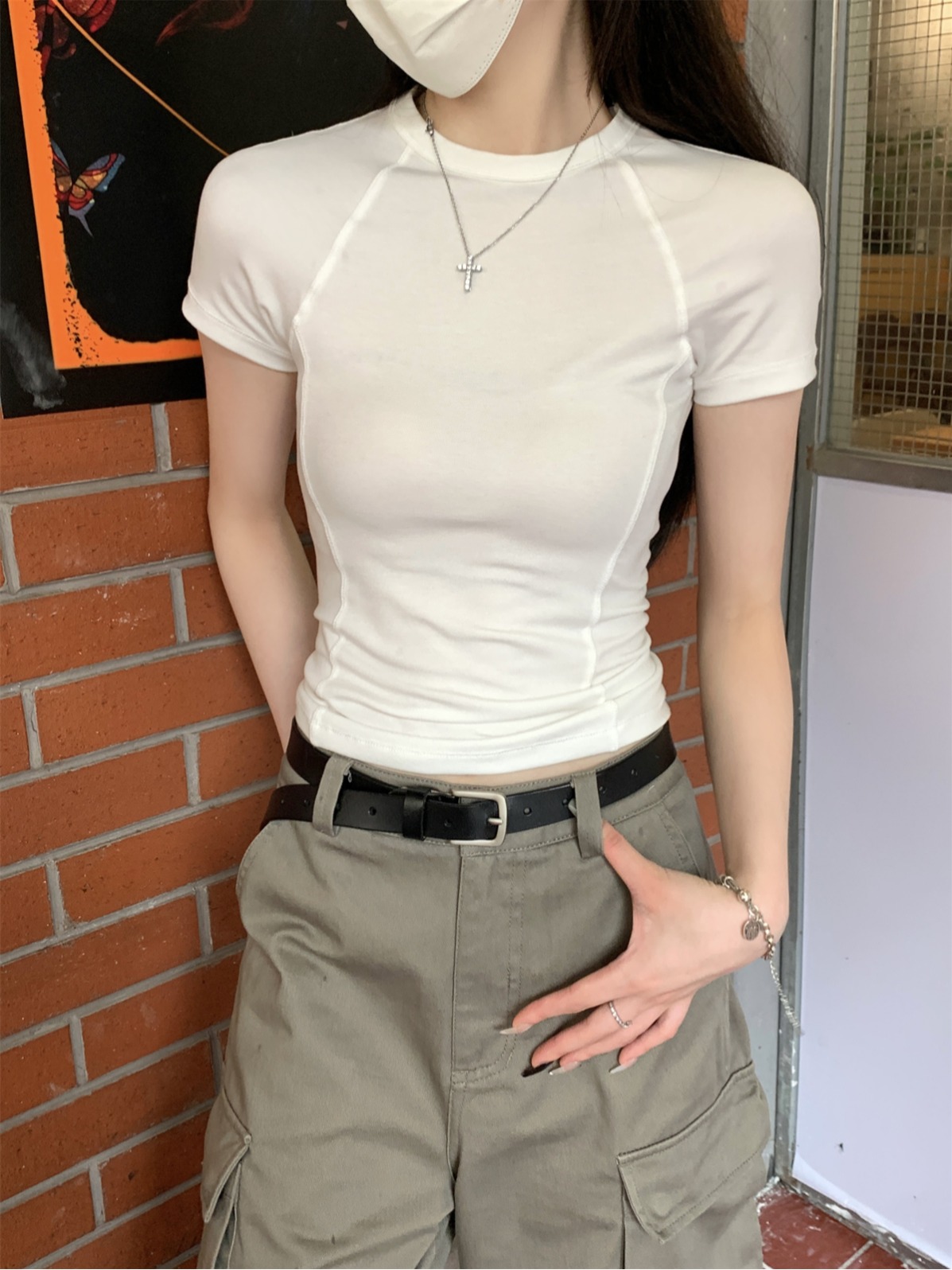 實拍 夏季韓版修身純色百搭魚骨顯瘦設計感純棉短袖T恤上衣
