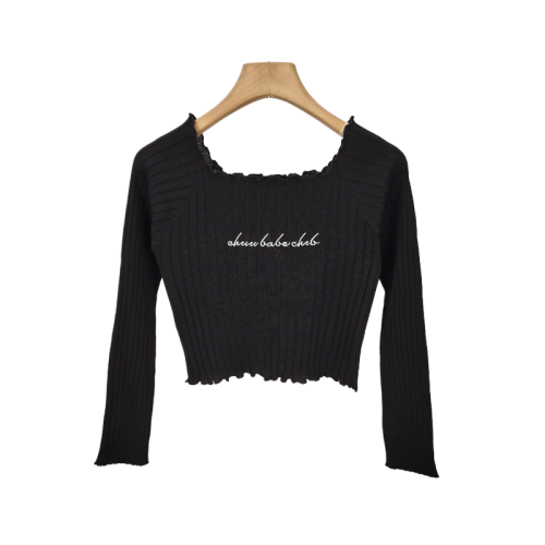 2024 new autumn style temperament square neck letter embroidered navel-baring knitted long-sleeved top for women