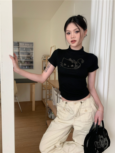 Fashion super hot girl black hot diamond half turtleneck short-sleeved T-shirt women's summer navel-baring tight short top ins trend