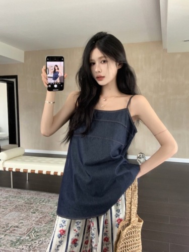 Actual shot of Korean style loose and slim retro denim halter top + high-waisted casual floor-length wide-leg pants suit