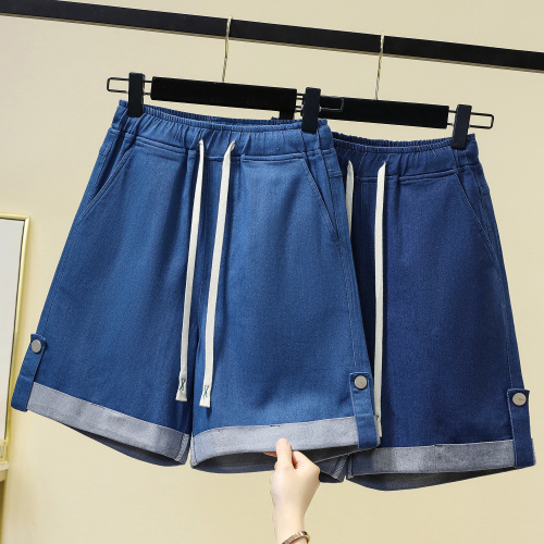 Actual shot of new summer large size elastic waist loose denim shorts fat MM Tencel wide leg versatile casual shorts