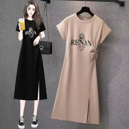 Dress for women summer new style fat mm design casual mid-length slit slim slim short-sleeved T-shirt skirt