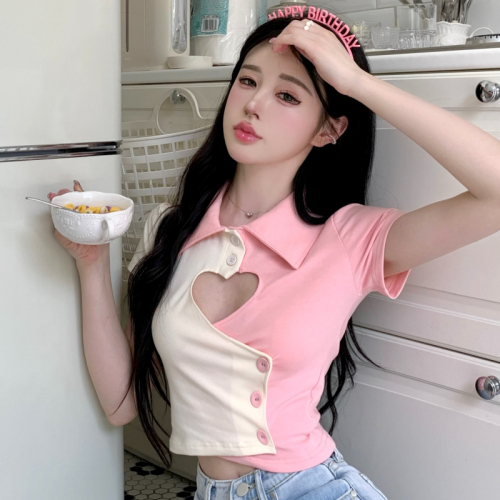 Sweet hot girl hollow short-sleeved T-shirt women's summer short polo collar chic slimming design niche top