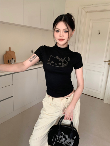 Fashion super hot girl black hot diamond half turtleneck short-sleeved T-shirt women's summer navel-baring tight short top ins trend