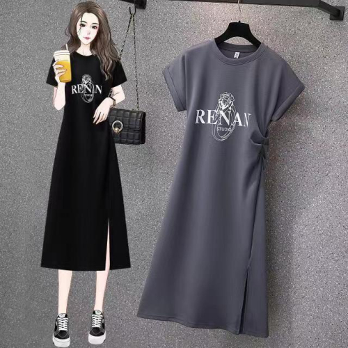 Dress for women summer new style fat mm design casual mid-length slit slim slim short-sleeved T-shirt skirt