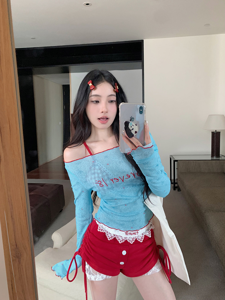 Photographed Full Print Graffiti Word Off-the-shoulder Long Sleeve T-shirt for Women - Summer New Sweet and Spicy Bodycon Sexy Blue Top