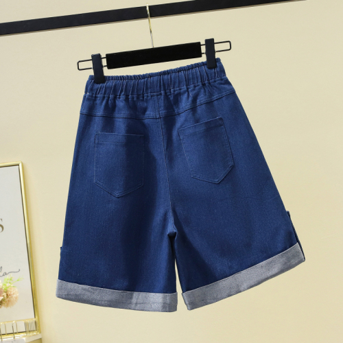 Actual shot of new summer large size elastic waist loose denim shorts fat MM Tencel wide leg versatile casual shorts