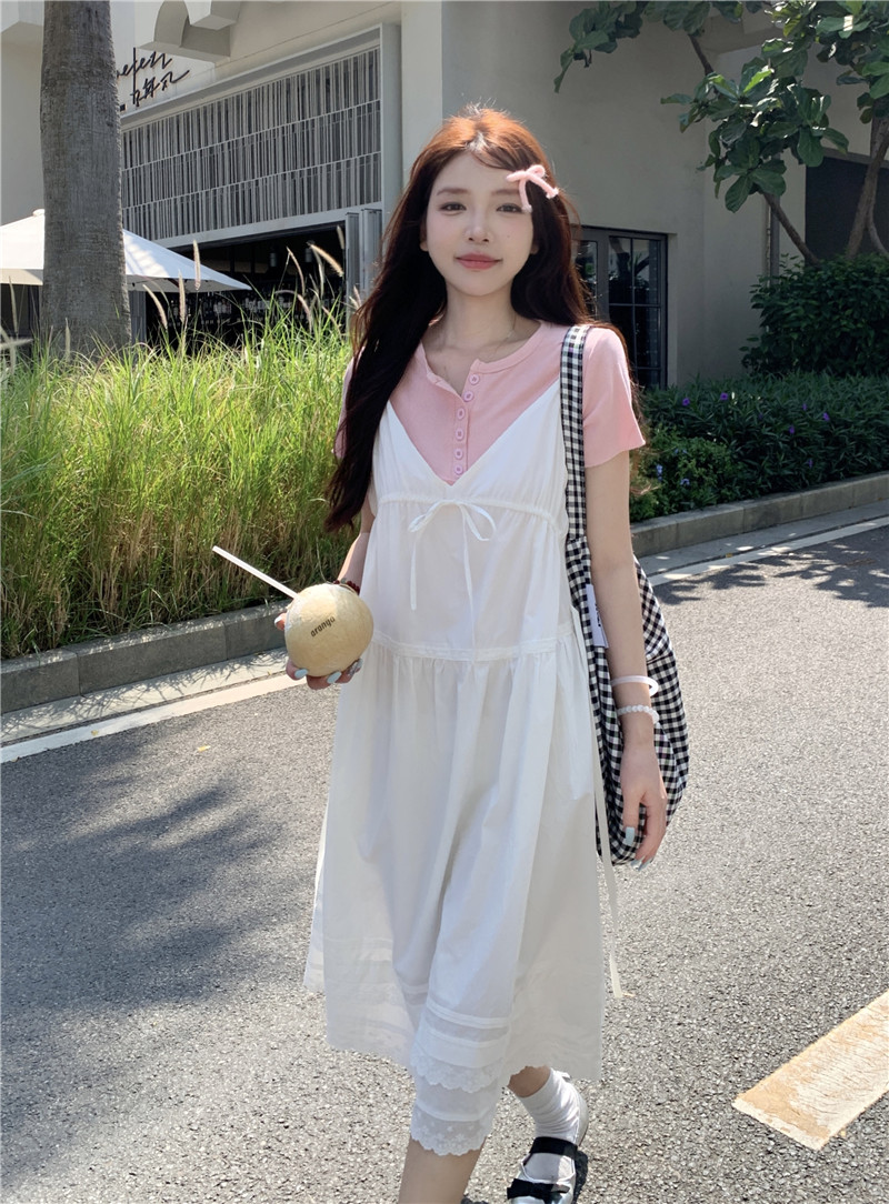 Actual shot #6151 ​​Korean ins girl simple casual T-shirt + design lace suspender skirt