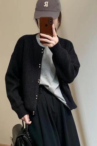 Simple temperament small button sweater cardigan 2024 new autumn Korean version lazy style round neck long-sleeved top sweater