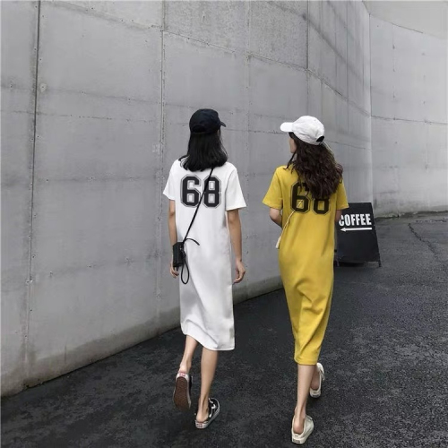 Korean letter printed T-shirt dress for women new loose slit mid-length skirt