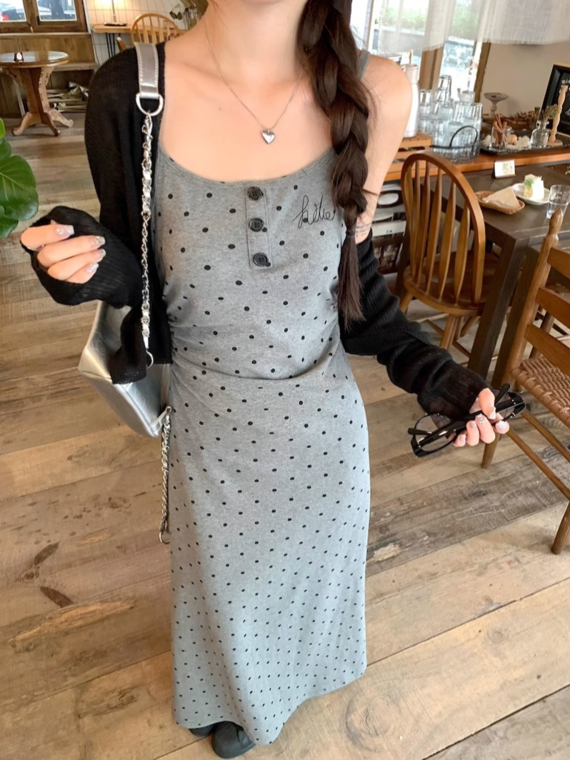kumikumi temperament retro polka dot suspender dress women's summer pleated waist slimming A-line skirt long skirt