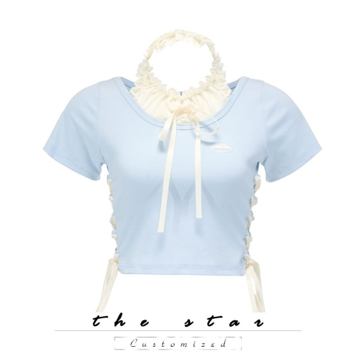 Summer dopamine outfit sweet and spicy baby blue spliced ​​top women's halterneck tie bow short-sleeved T-shirt