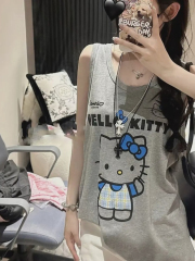 Pure cotton vest for women American retro cartoon print loose sleeveless T-shirt top summer kitty cat gray outer wear