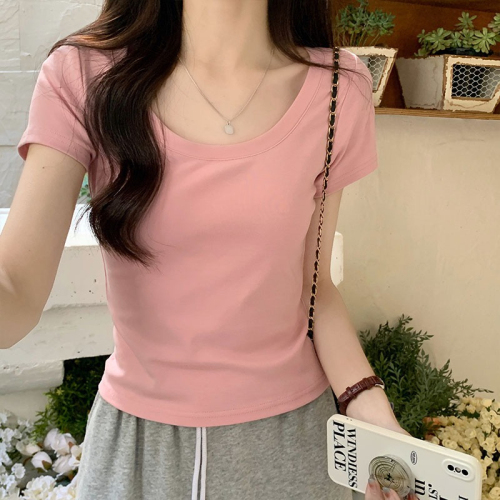 Fashionable and super hot solid color right shoulder U-neck short-sleeved T-shirt for women summer Korean style short slim fit versatile sweet and spicy top