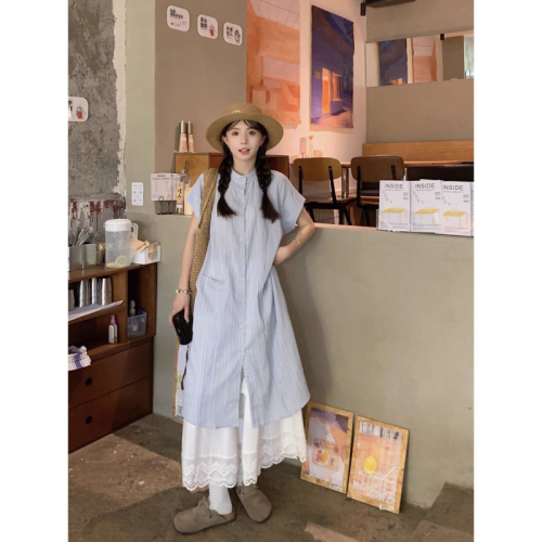 Blue striped short-sleeved shirt dress for women summer 2024 new Korean style loose mid-length layered two-piece set