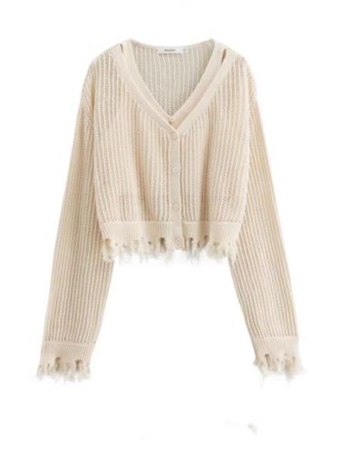 Apricot V-neck knitted cardigan for women in autumn and winter European high-end texture design hollow tassel short sweater jacket