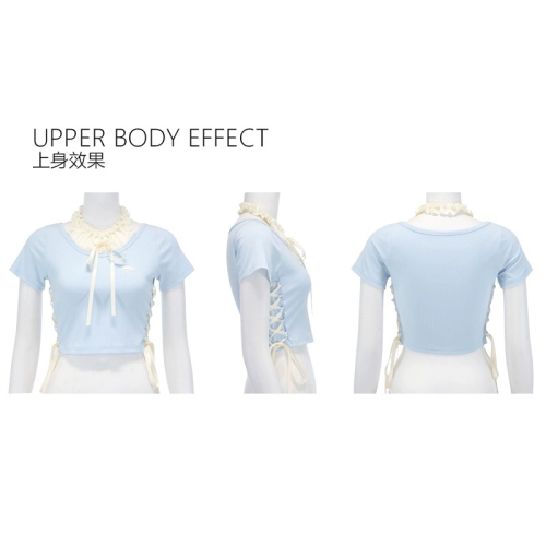 Summer dopamine outfit sweet and spicy baby blue spliced ​​top women's halterneck tie bow short-sleeved T-shirt