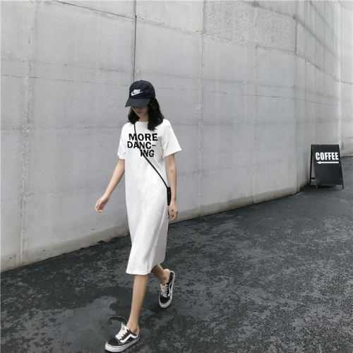 Korean letter printed T-shirt dress for women new loose slit mid-length skirt