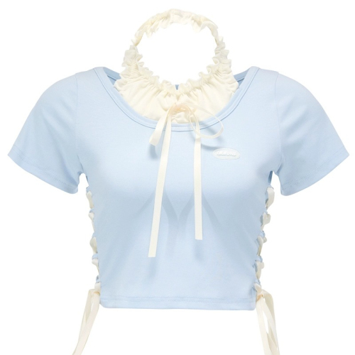 Summer dopamine outfit sweet and spicy baby blue spliced ​​top women's halterneck tie bow short-sleeved T-shirt