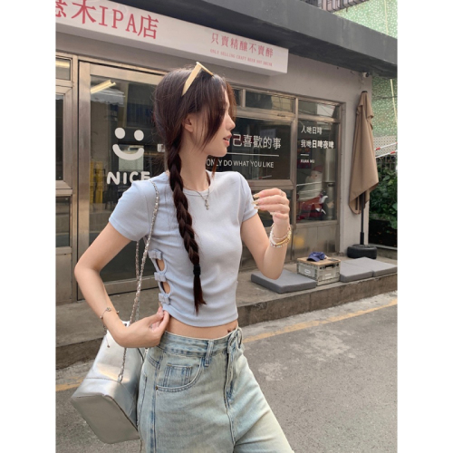 Fashionable and super hot Korean hot girl hollow waist exposed short-sleeved T-shirt women's bow-knot slim fit right shoulder short top