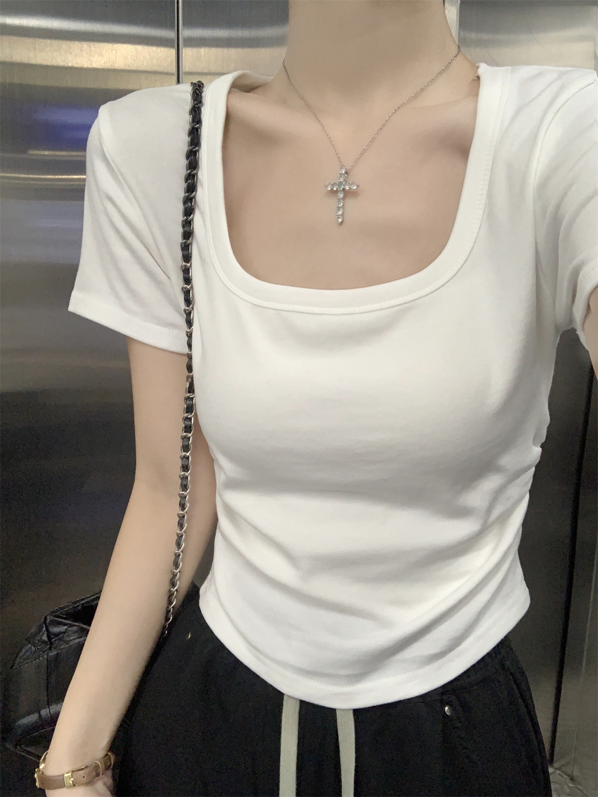 實拍 夏季韓版方領修身褶皺短款顯瘦百搭純棉短袖T恤上衣女