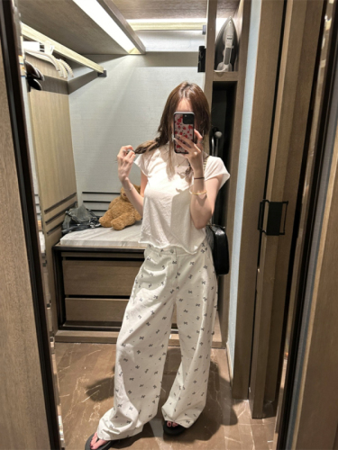 Bow print wide leg pants for women summer versatile high waist slim straight casual pants