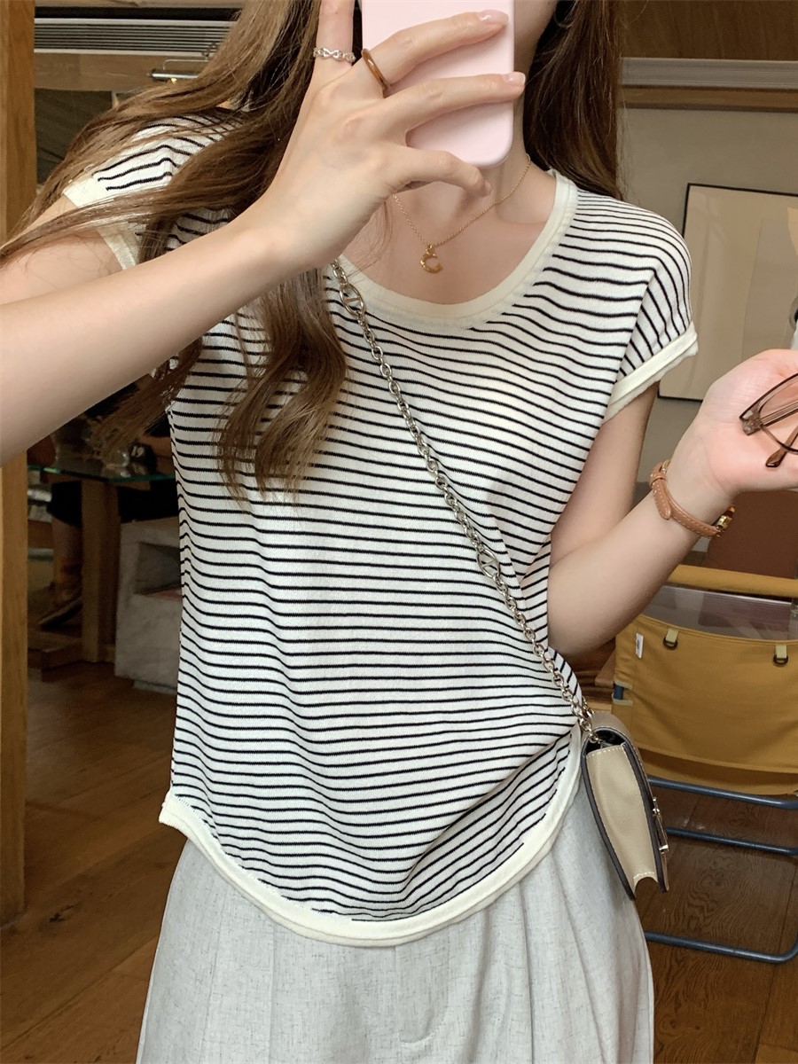 實拍 夏季韓版u領撞色氣質條紋顯瘦百搭針織衫短袖上衣