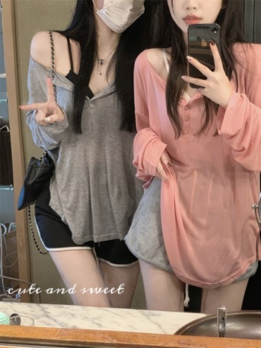 Fashion super hot Korean version versatile solid color niche fashion sun protection shirt women's autumn casual loose slimming top