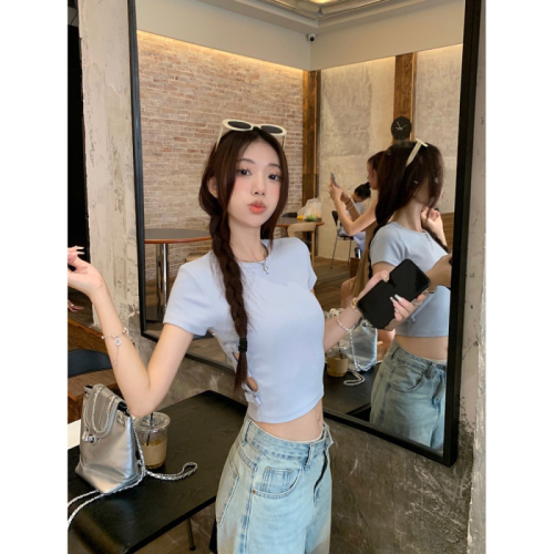 Fashionable and super hot Korean hot girl hollow waist exposed short-sleeved T-shirt women's bow-knot slim fit right shoulder short top