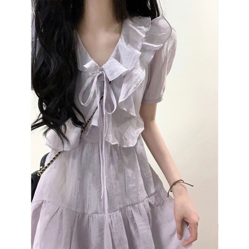 Summer new tea break French purple V-neck dress women's waist slimming A-line skirt high-end temperament long skirt